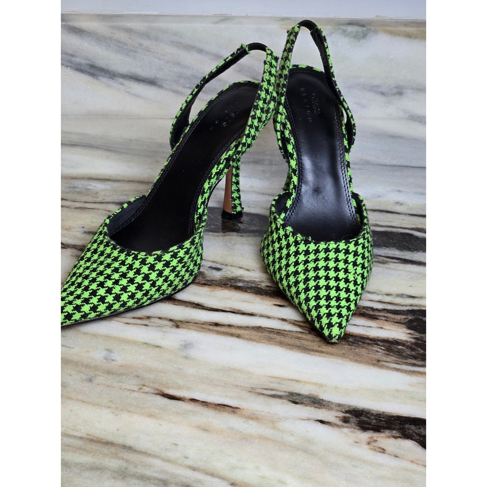 ASOS DESIGN Neon Green Black Houndstooth Slingback Pointed Toe Stiletto Heels 7
